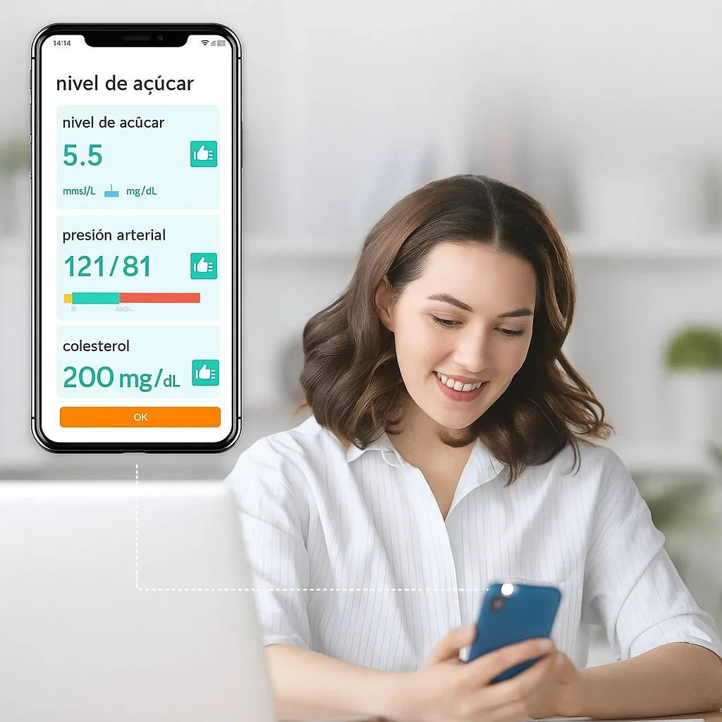 Glucosense – Medidor de glucosa + Medidor de presión arterial + Colesterol con tecnología láser 100% indolora y precisión garantizada